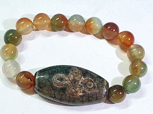 Bracelet tibétain avec Dzi à cinq yeux et perles d'agate translucide